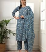  pure cotton straight blue kurta dupatta set