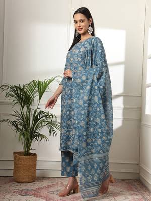  pure cotton straight blue kurta dupatta set 2