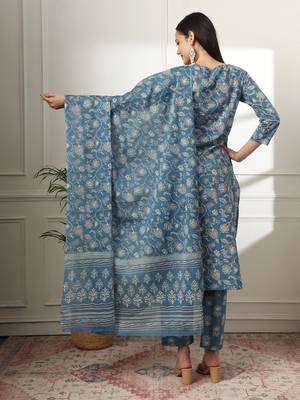  pure cotton straight blue kurta dupatta set 3