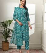 cotton straight turquoise blue kurta dupatta set