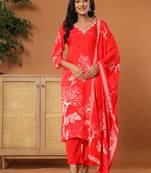  muslin red hand embroidery kurta dupatta pant set