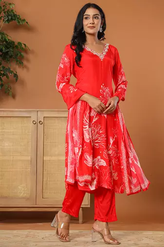 muslin red hand embroidery kurta dupatta pant set