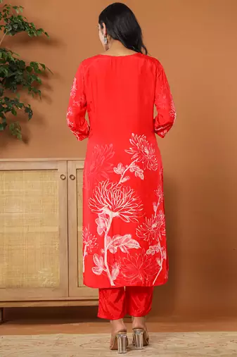  muslin red hand embroidery kurta dupatta pant set