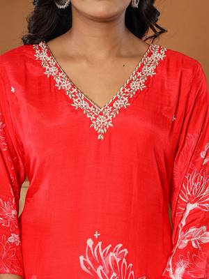  muslin red hand embroidery kurta dupatta pant set 4