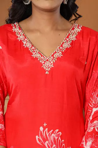  muslin red hand embroidery kurta dupatta pant set