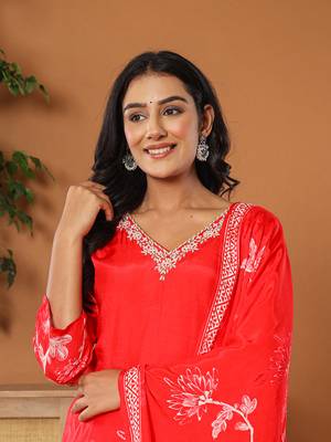  muslin red hand embroidery kurta dupatta pant set 5