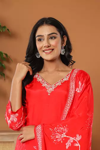  muslin red hand embroidery kurta dupatta pant set