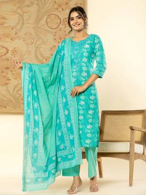  pure cotton turquoise blue floral,embroidery kurta dupatta pant set 1