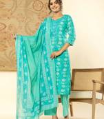  pure cotton turquoise blue floral,embroidery kurta dupatta pant set