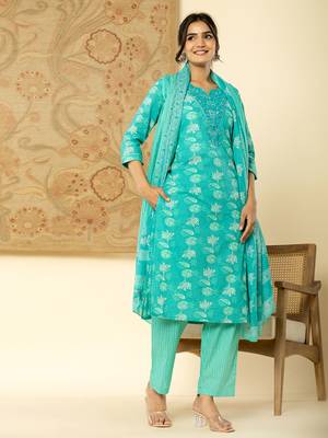  pure cotton turquoise blue floral,embroidery kurta dupatta pant set 2