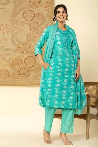  pure cotton turquoise blue floral,embroidery kurta dupatta pant set