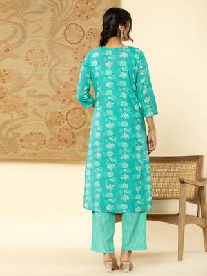  pure cotton turquoise blue floral,embroidery kurta dupatta pant set 3
