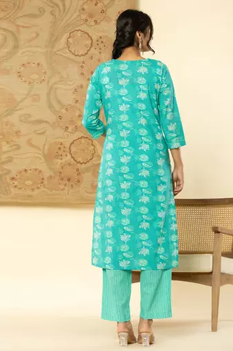  pure cotton turquoise blue floral,embroidery kurta dupatta pant set