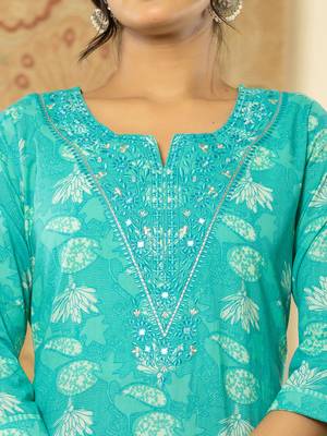  pure cotton turquoise blue floral,embroidery kurta dupatta pant set 4
