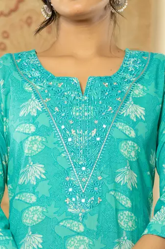  pure cotton turquoise blue floral,embroidery kurta dupatta pant set