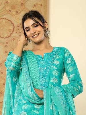  pure cotton turquoise blue floral,embroidery kurta dupatta pant set 5