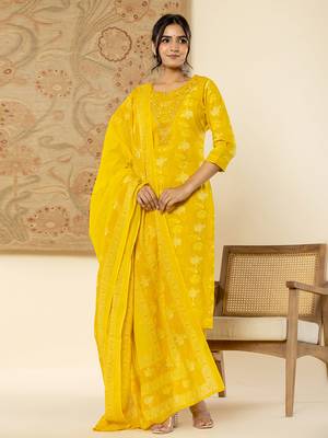  cotton mustard floral,embroidery,mirror work kurta dupatta pant set 1