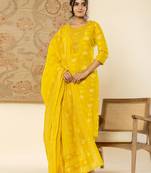  cotton mustard floral,embroidery,mirror work kurta dupatta pant set