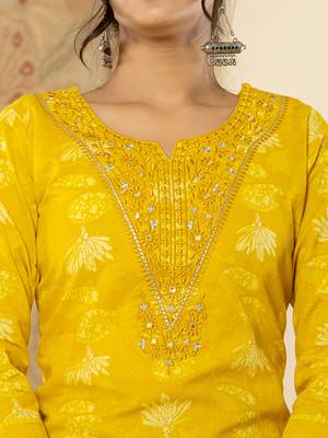  cotton mustard floral,embroidery,mirror work kurta dupatta pant set 4