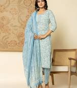  pure cotton sky blue floral,embroidery kurta dupatta pant set