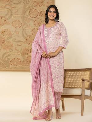  pure cotton lavender floral,embroidery kurta dupatta pant set 1