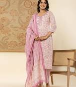  pure cotton lavender floral,embroidery kurta dupatta pant set