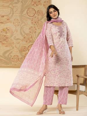  pure cotton lavender floral,embroidery kurta dupatta pant set 2