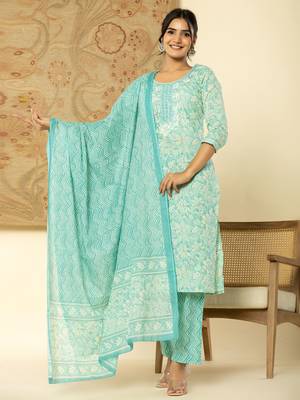  pure cotton sea green floral,embroidery kurta dupatta pant set 1