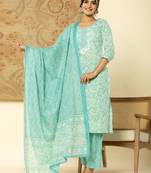  pure cotton sea green floral,embroidery kurta dupatta pant set