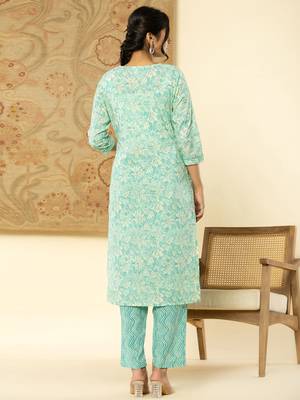  pure cotton sea green floral,embroidery kurta dupatta pant set 3