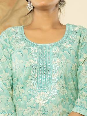  pure cotton sea green floral,embroidery kurta dupatta pant set 4