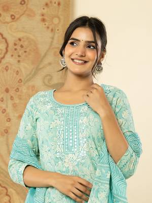  pure cotton sea green floral,embroidery kurta dupatta pant set 5