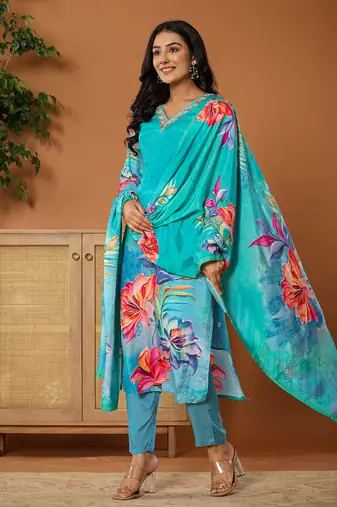 muslin blue kurta dupatta pant set