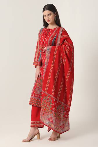  red silk tie up kurta set with pant & dupatta