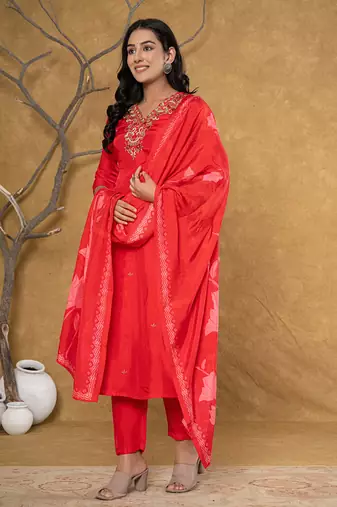  red pure uppada silk handwork kurta dupatta set