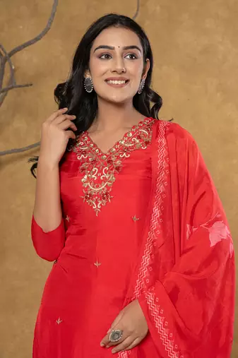  red pure uppada silk handwork kurta dupatta set