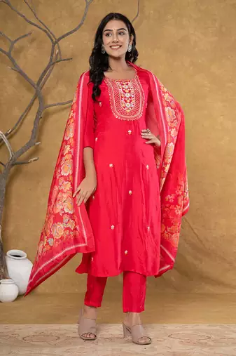  pink silk beads and stones,sequins work kurta dupatta set