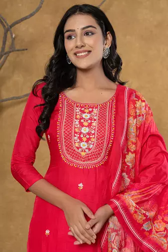 pink silk beads and stones,sequins work kurta dupatta set