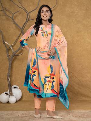  peach pure crepe placement print band collar kurta dupatta set 1