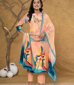  peach pure crepe placement print band collar kurta dupatta set