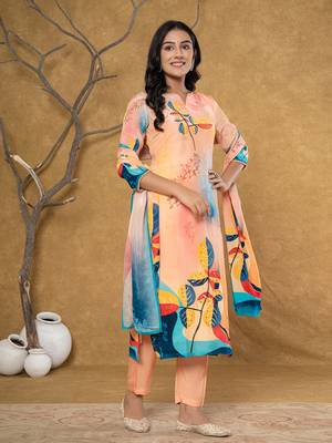  peach pure crepe placement print band collar kurta dupatta set 2
