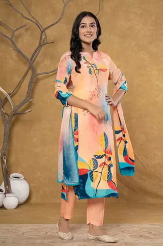  peach pure crepe placement print band collar kurta dupatta set