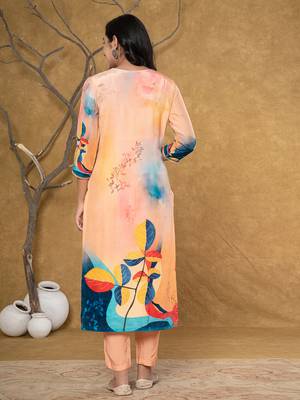  peach pure crepe placement print band collar kurta dupatta set 3