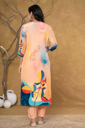  peach pure crepe placement print band collar kurta dupatta set