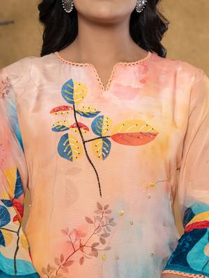  peach pure crepe placement print band collar kurta dupatta set 4