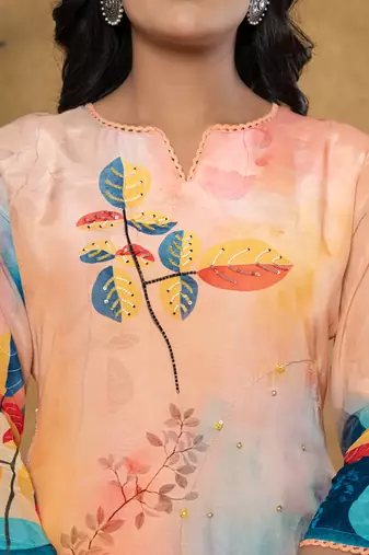  peach pure crepe placement print band collar kurta dupatta set