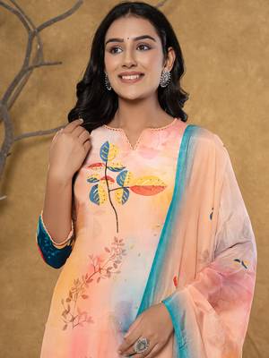  peach pure crepe placement print band collar kurta dupatta set 5