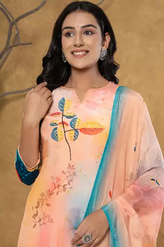  peach pure crepe placement print band collar kurta dupatta set