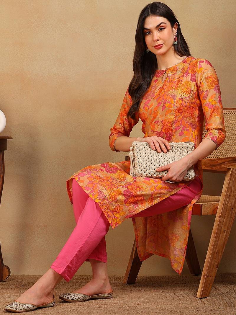 women beige silk floral printed straight kurta
