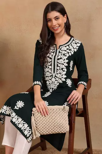 women green rayon blend solid embroidered chikankari straight Only Kurta